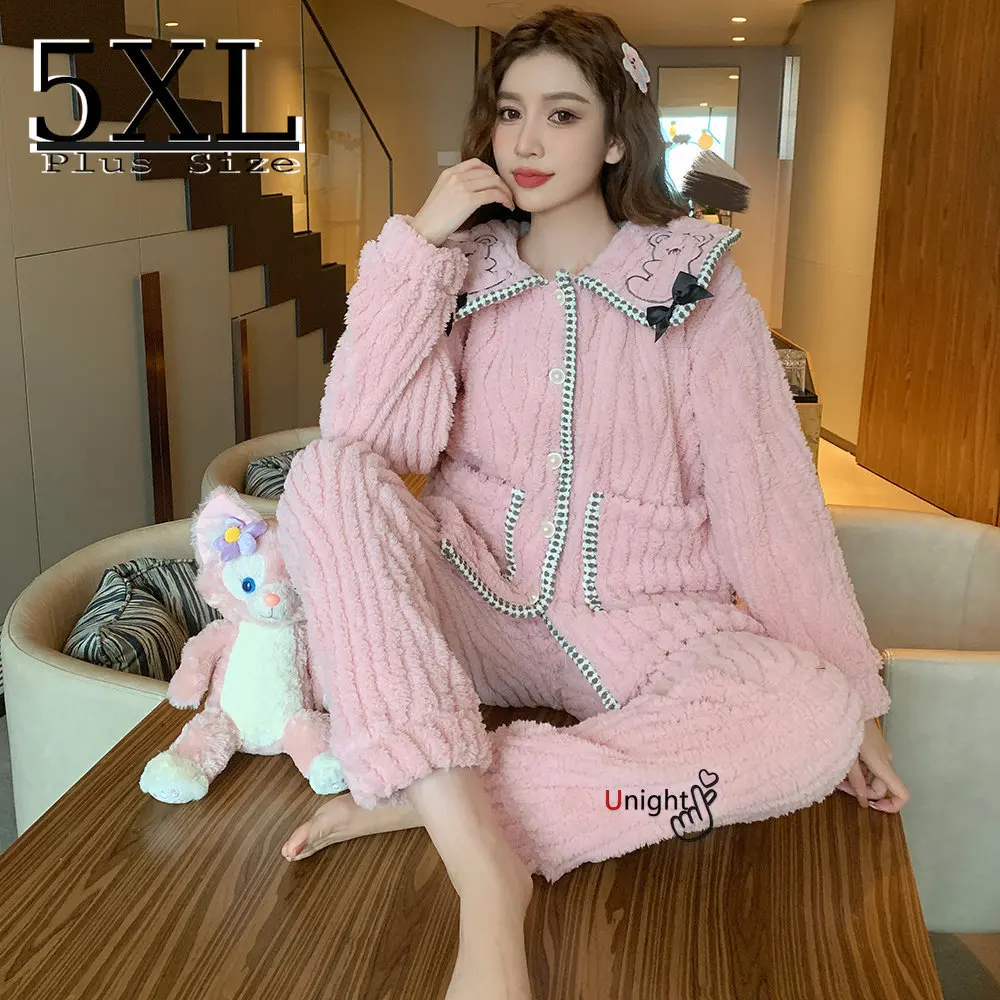 

Cute Night Trouser Suits Set Two Fashion Pieces for Women Fluffy Pajamas Winter Terry Coats for Home Kawail Warm 5XL Fleece