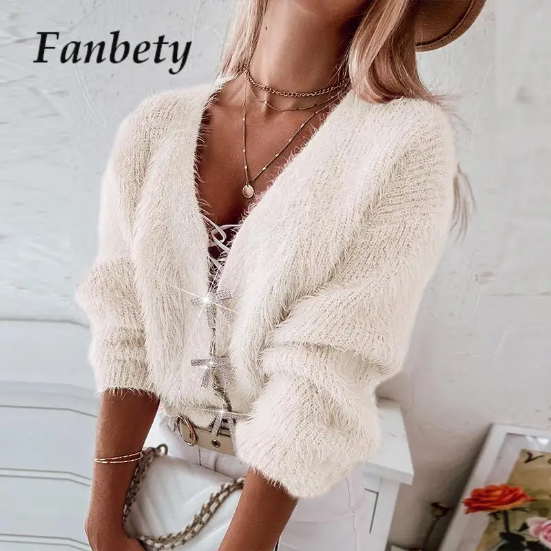 

Привлекательные дизайнерские свитера с бахромой и V-образным вырезом, Осенний однотонный мягкий пушистый джемпер с бантом, Зимний Теплый Женский вязаный пуловер с длинным рукавом