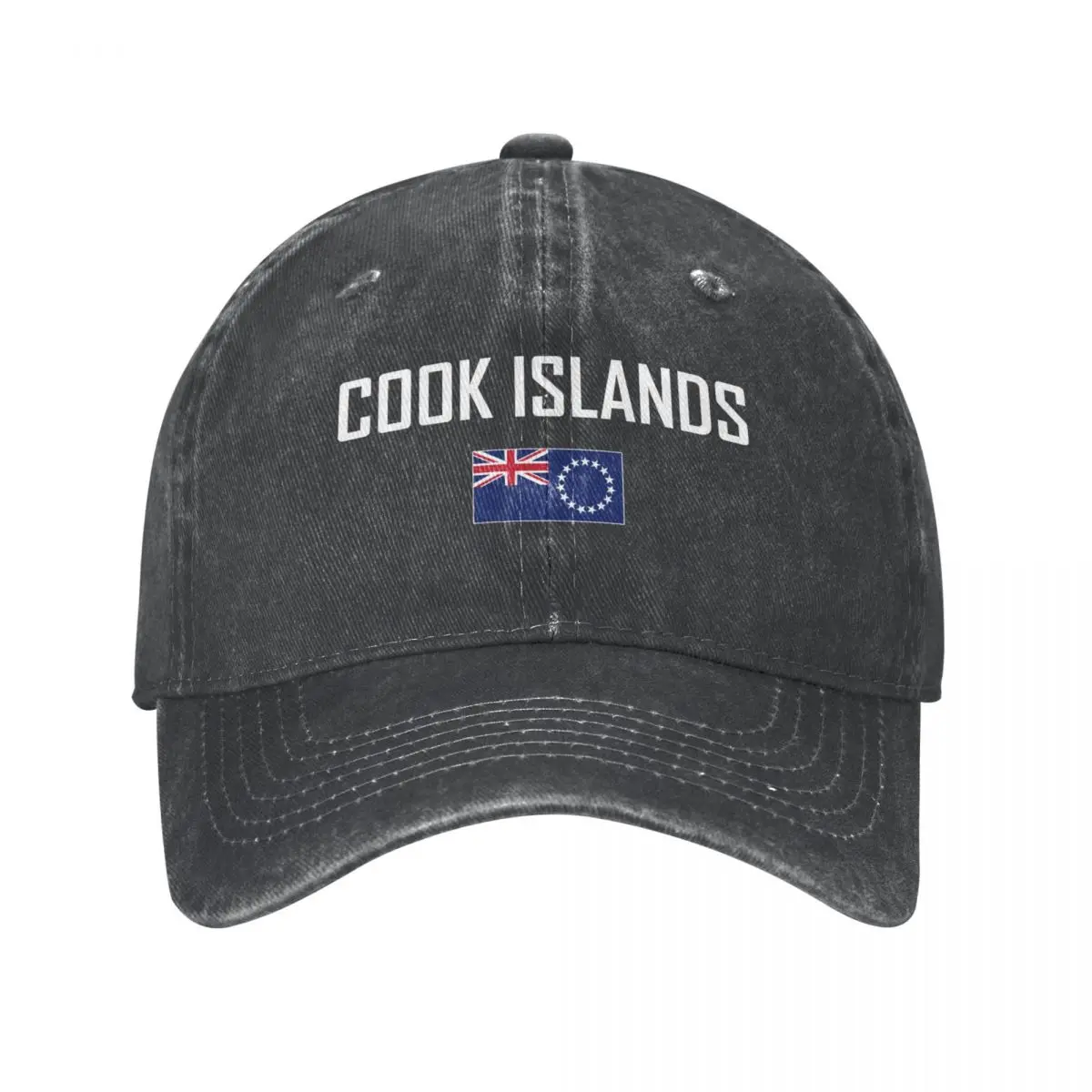 

Men Baseball Cap COOK ISLANDS Flag And Font Charcoal Washed Denim Classic Vintage Cotton Dad Trucker Hat Unisex Adult