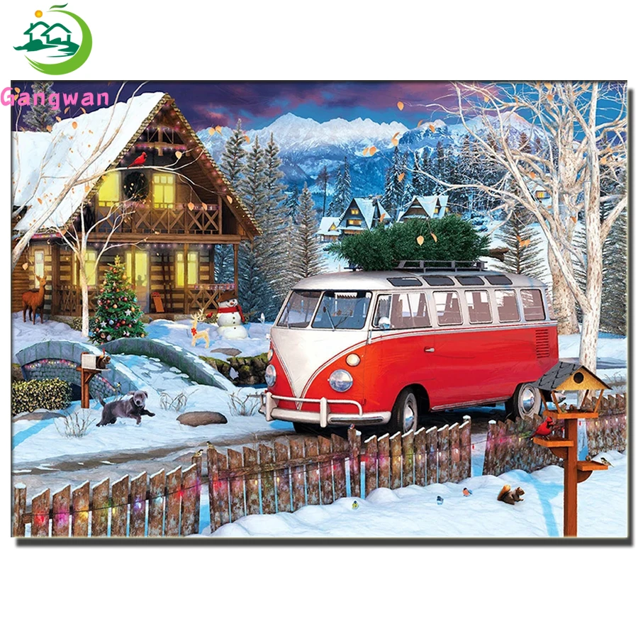 

Алмазная живопись «Снежный пейзаж», полноразмерная круглая мозаика для дома, автомобиля, зимний семейный декор, вышивка крестиком, новогод...