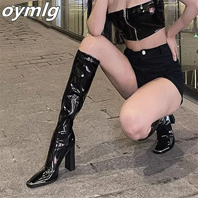 

Long boots women's autumn and winter new square head bright patent leather thick heel square head slim net red light boots