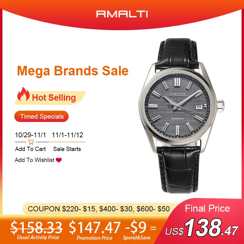 Pаспродажа Мужские механические наручные часы RMALTI 40 мм, автоматические часы с сапфировым стеклом, водонепроницаемые часы 10 бар, мужские часы на заказ ...