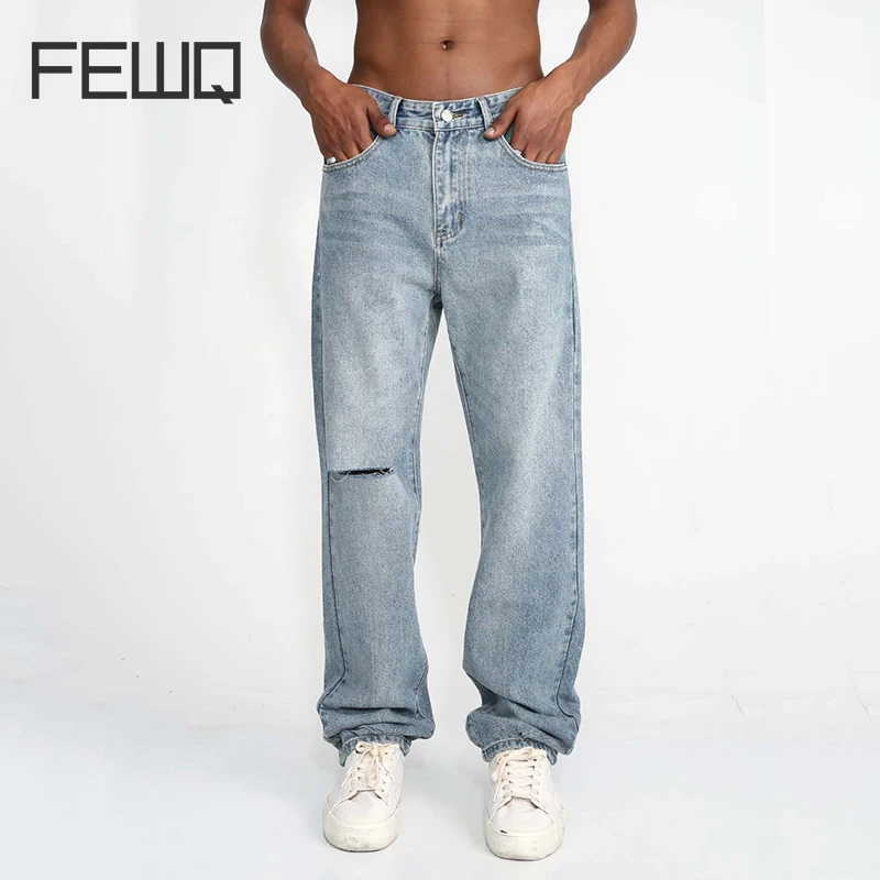 

FEWQ New Street Skateboarding Jeans Men Korean Edition Trendy Washable Niche Design Casual Tide Straight Leg Denim Pants X