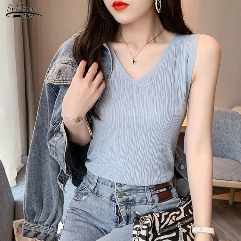 

Summer New White Blouse Knitted Camisole Solid V-neck Sleeveless Woman Tops Elegant Hollow Out Vest Tanks for Women Blusas 19780