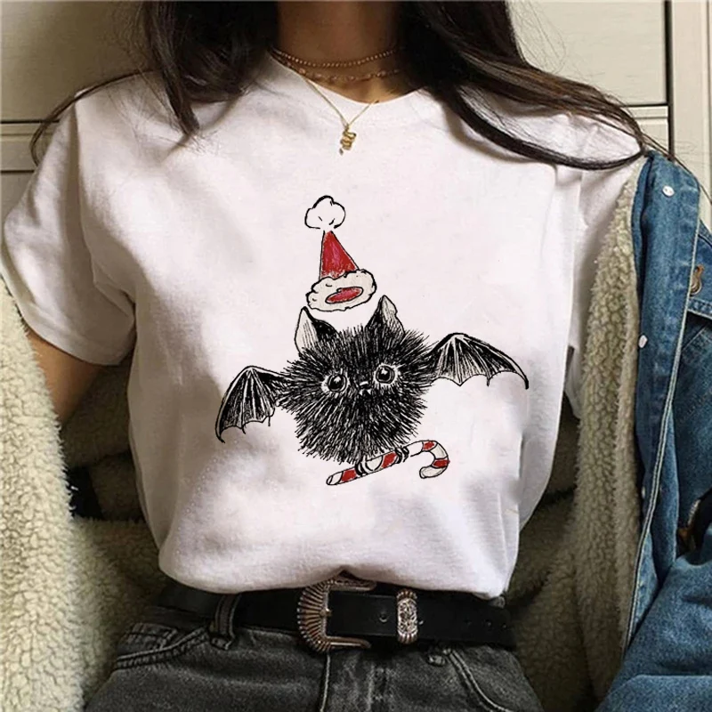 

Fashion Cartoon Tees Cat Christmas Cute Sweet Animal Women Short Sleeve Lady Female Graphic Tops Clothes Print Tshirt T-Shirt