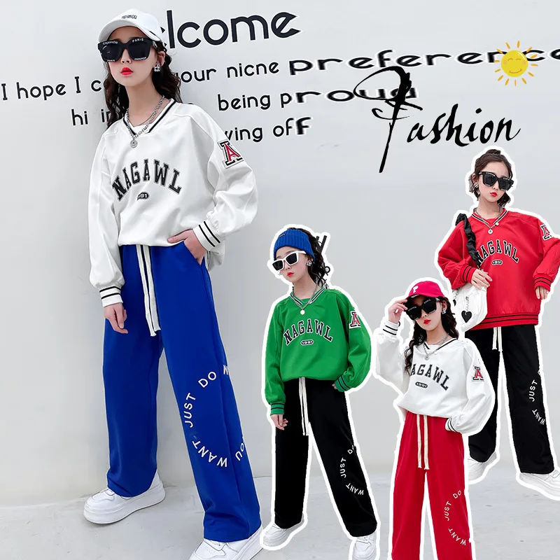 

2022 Girls' Spring Sports Suit Children's Letter Sweater Pants Two-piece Net Red Tide Fan