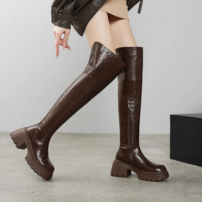 TULING JUN 2024 Winter Concise Famale Round Head Solid Color Elegant Over-The-Knee High Heels Zip Shoes For Womens T-C6022