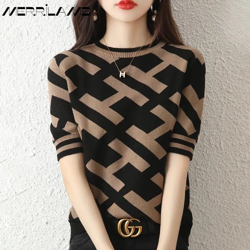 

2022 Women's T-shirts Summer New 100% Pure Cotton Knitted Sweater Short Sleeves Casual Embroidery Ladies Tops Pullover Tees Hot