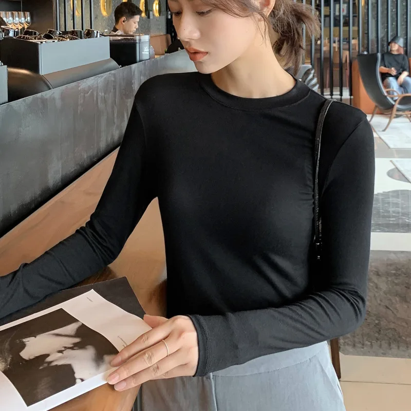 

Spring and autumn new cotton round neck all-match bottoming shirt women's inner black long-sleeved inner t-shirt