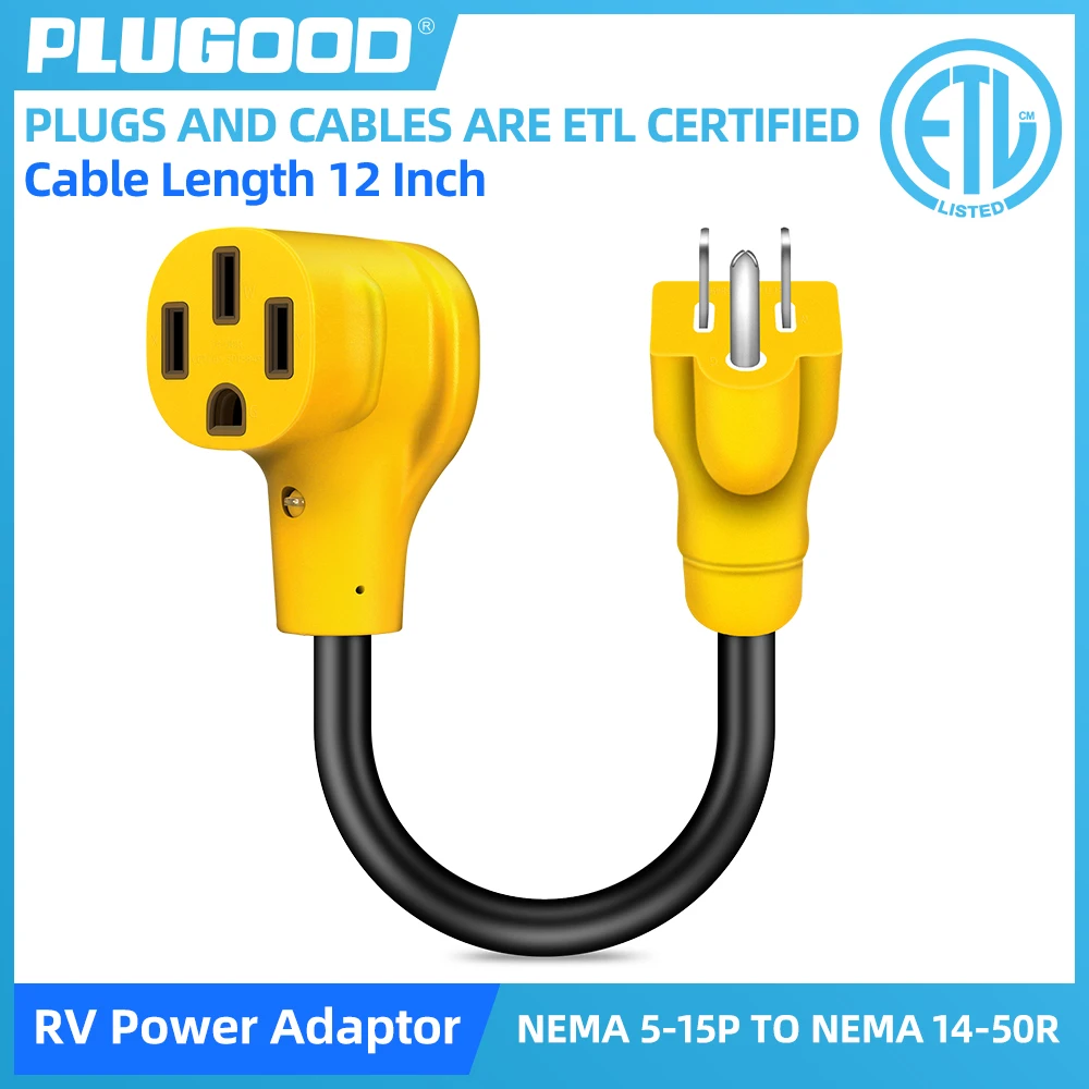 

PLUGOOD RV Power Adapter Cord NEMA 5-15P Male To NEMA 14-50R Female 125V 15A 12 Inch Electrical Adapter Plug With LED ETL Listed