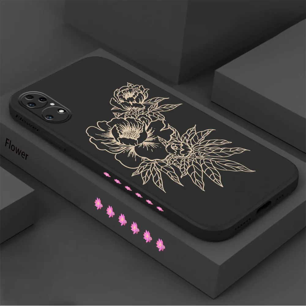 Golden Lotus Flower Phone Case For Huawei P60 P50 P40 P30 P20 Mate 50 40 30 20 20X 10 Colour Liquid Silicone Cover Funda Cqoue