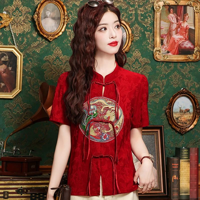Летняя ретро Cheongsam рубашка с короткими рукавами и женская винтажная вышитая