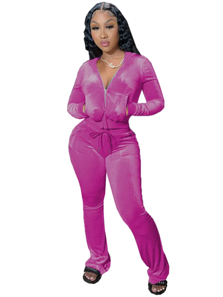 

Szkzk Velvet two-piece set Women nightclub clothing hooded top with Zipper long sleeves and trousers high waist casual Sets