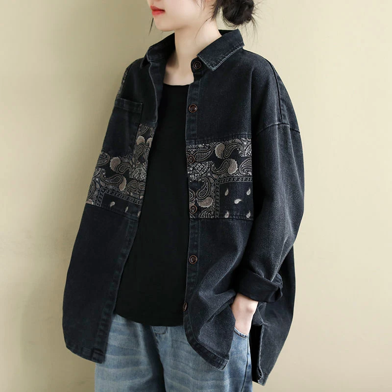 

New Arrival Spring Arts Style Women Cotton Denim Long Sleeve Loose Shirts Patchwork Print Vintage Blouse Femme Long Tops S816