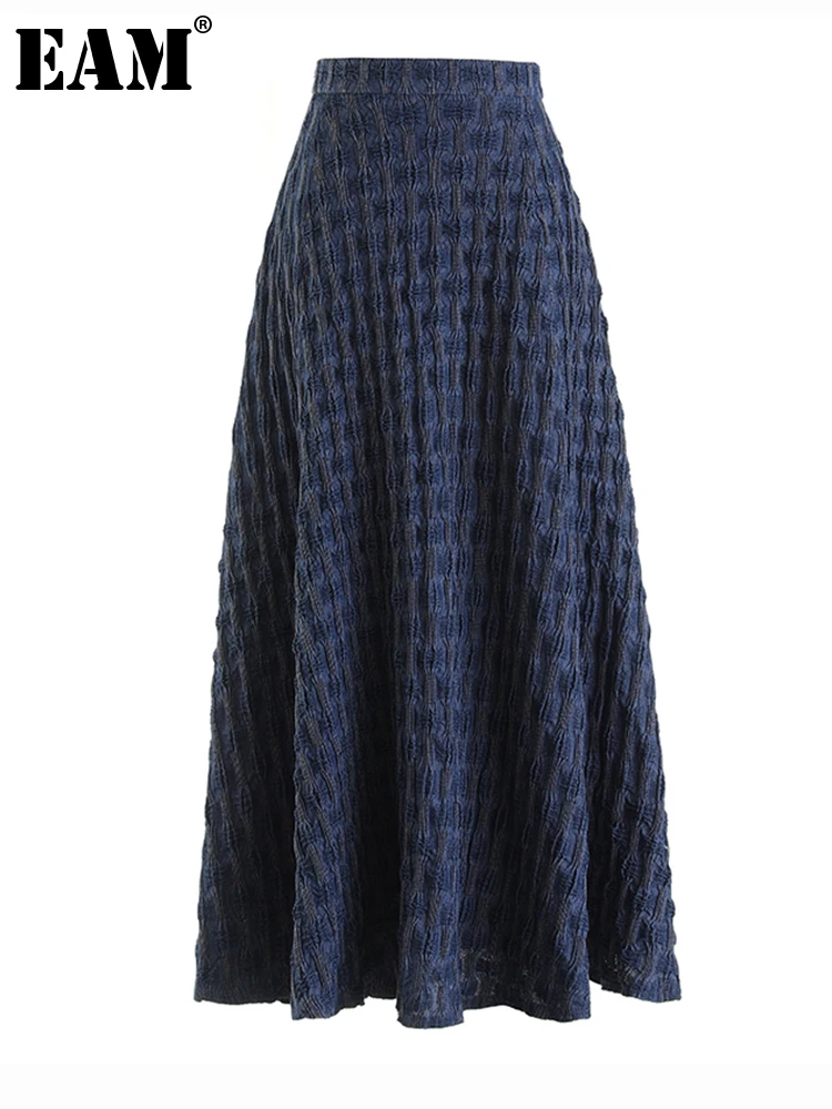

[EAM] High Waist Blue Black Jacquard Elegant Long A-line Half-body Skirt Women Fashion Tide New Spring Autumn 2023 1DF1252
