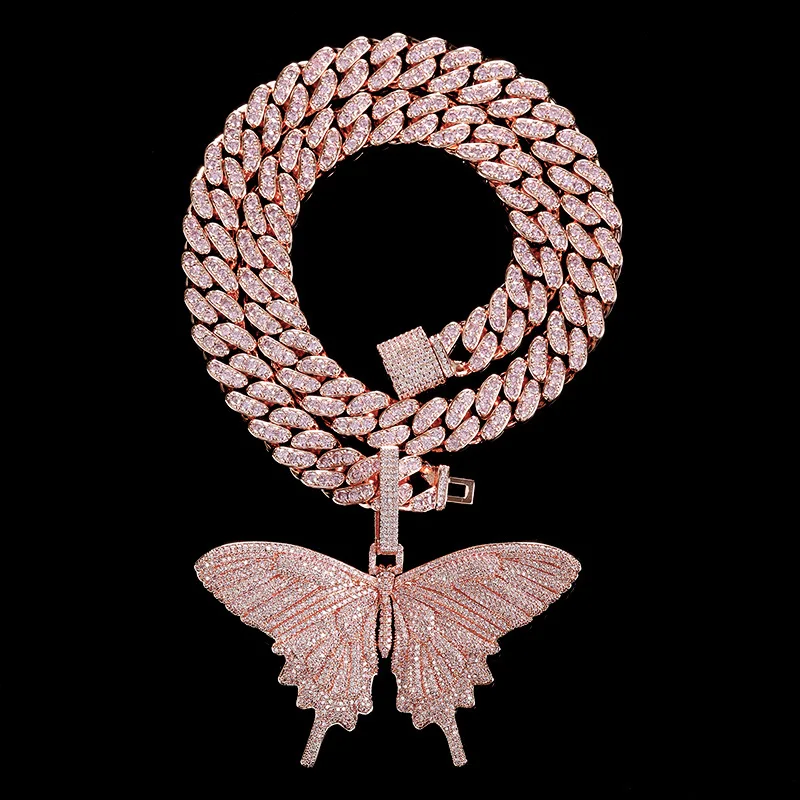 

Butterflys Pendants 12MM Tennis Chain Choker Necklace Iced Out Cubic zircon Bling Hip Hop Charm Jewelry For Men Women SP06
