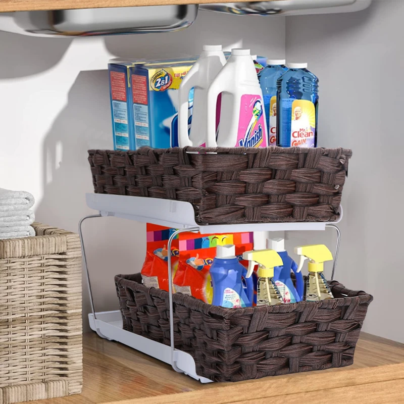 

Under Sink Storage 2 Tier Hand-woven Rattan Wicker Basket Pull Out Storage Baskets Cabinet Bathroom Kitchen Organizer