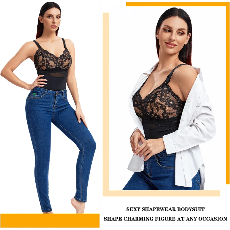 Sexy Lace Thong Bodysuit for Women Tummy Control Shapewear V-Neck Tank Tops Backless Padded Lingerie Jumpsuit Smooth Body Shaper