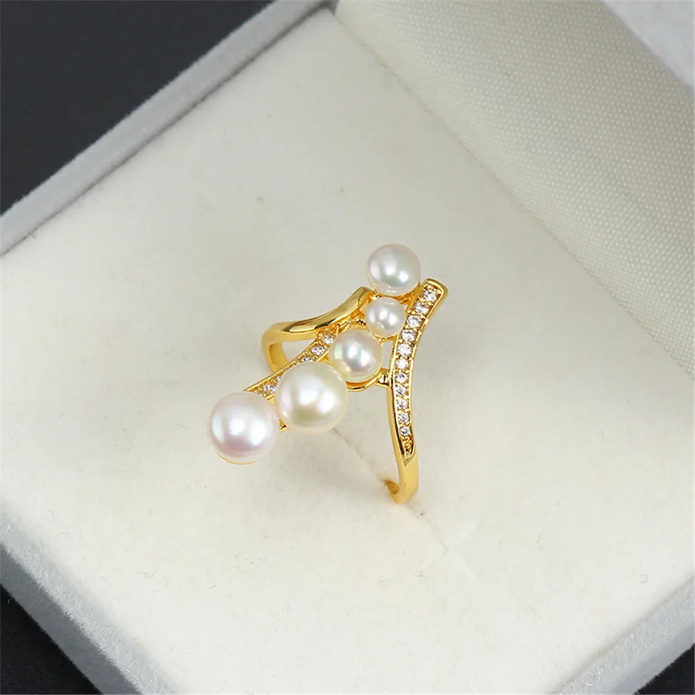 

Domestic 14k gold plated and colour preserved unique multi bead twig ring zircon pearl empty holder adjustable DIY women