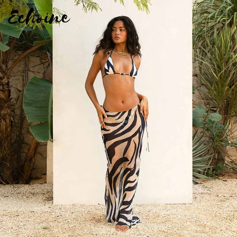 

Zebra Print Y2K Sexy 3 Piece Set Women Vacation Beach Style Halter Lace Up Bra Top+Long Skirts Matching Streetwear Outfits