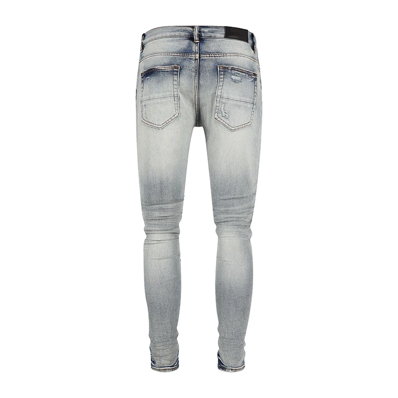 High Street Fashion Men Jeans Retro Blue Stretch Skinny Ripped Jeans Men Green Stripe Patched Designer Hip Hop Brand Pants Homme