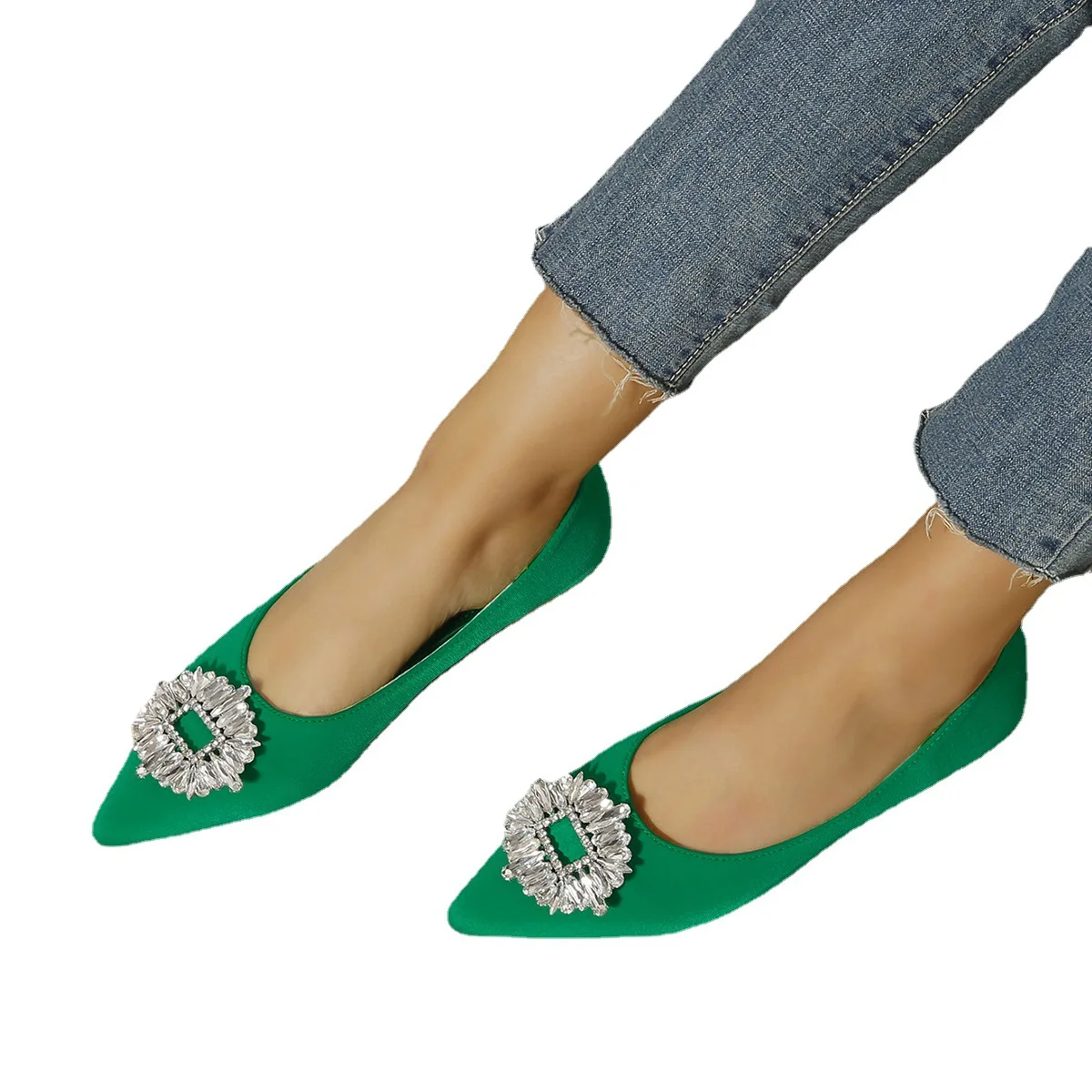2023 Spring Lady Casual Slip-on Office Shoe Black Green Silk Pointed Flats Fashion Crystal Square Buckle Mary Jane Women's Shoes