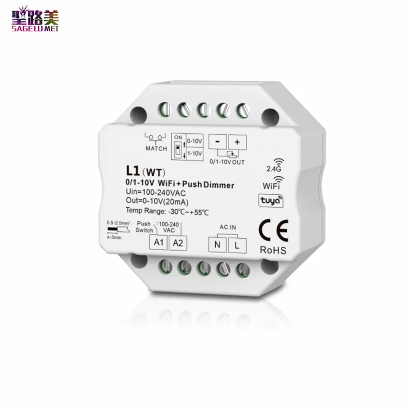 100-220VAC 1CH 0/1-10V WiFi & RF Push Dimmer L1(WT) Tuya APP Cloud  on/off Controller DIP Switch For Single Color Strip Lights