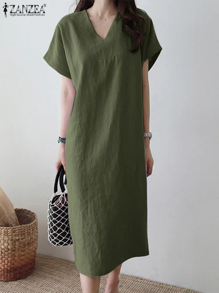 

Платье ZANZEA женское с V-образным вырезом, элегантный свободный сарафан в офисном стиле, однотонное миди-платье с коротким рукавом, на лето