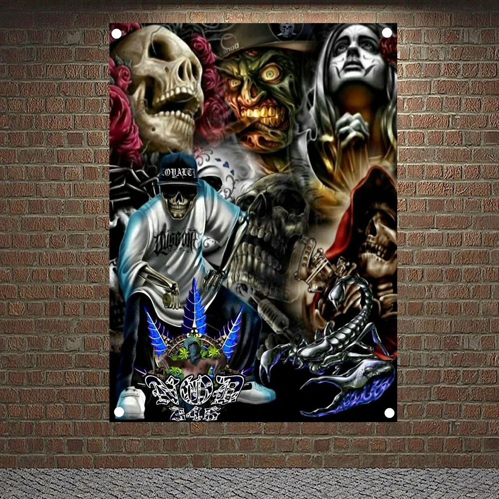 

Skeleton Art Banners Skull Tattoo Flags Canvas Painting Bar Cafe Home Decoration Scary Bloody Posters Tapestry Wall Hanging