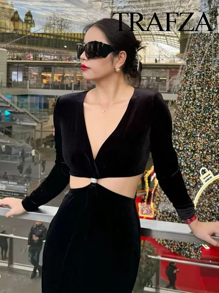 TRAFZA женское черное сексуальное модное бархатное платье миди с v-образным вырезом