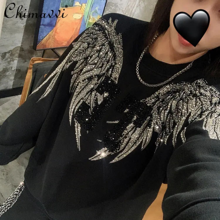 

Luxury Fashion Black Hoodie Women's Double-Side Big Wings Rhinestone Top High Street Round Neck Long Sleeve Pullover Sweatshirts