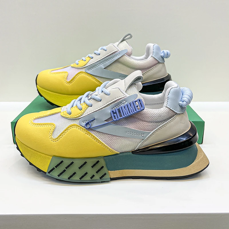 

Women Chunky Sneakers Fashion Casual Mixed Colors Leather Mesh Breathable Height Increased Wedge Platform Outdoor Running Shoes