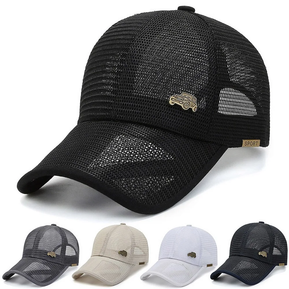Summer Men Mesh Baseball Caps Car Pattern Label Decoration Full Grid Design 56-60cm Adjustable Cool Outdoor Sports Male Hats