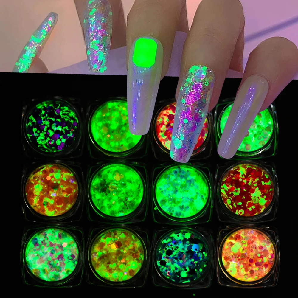

12 Colors Mixed Luminous Hexagon Nail Chunky Glitter Sequins Holographic Glow in the Dark Flakes UV Gel Polish Decoration