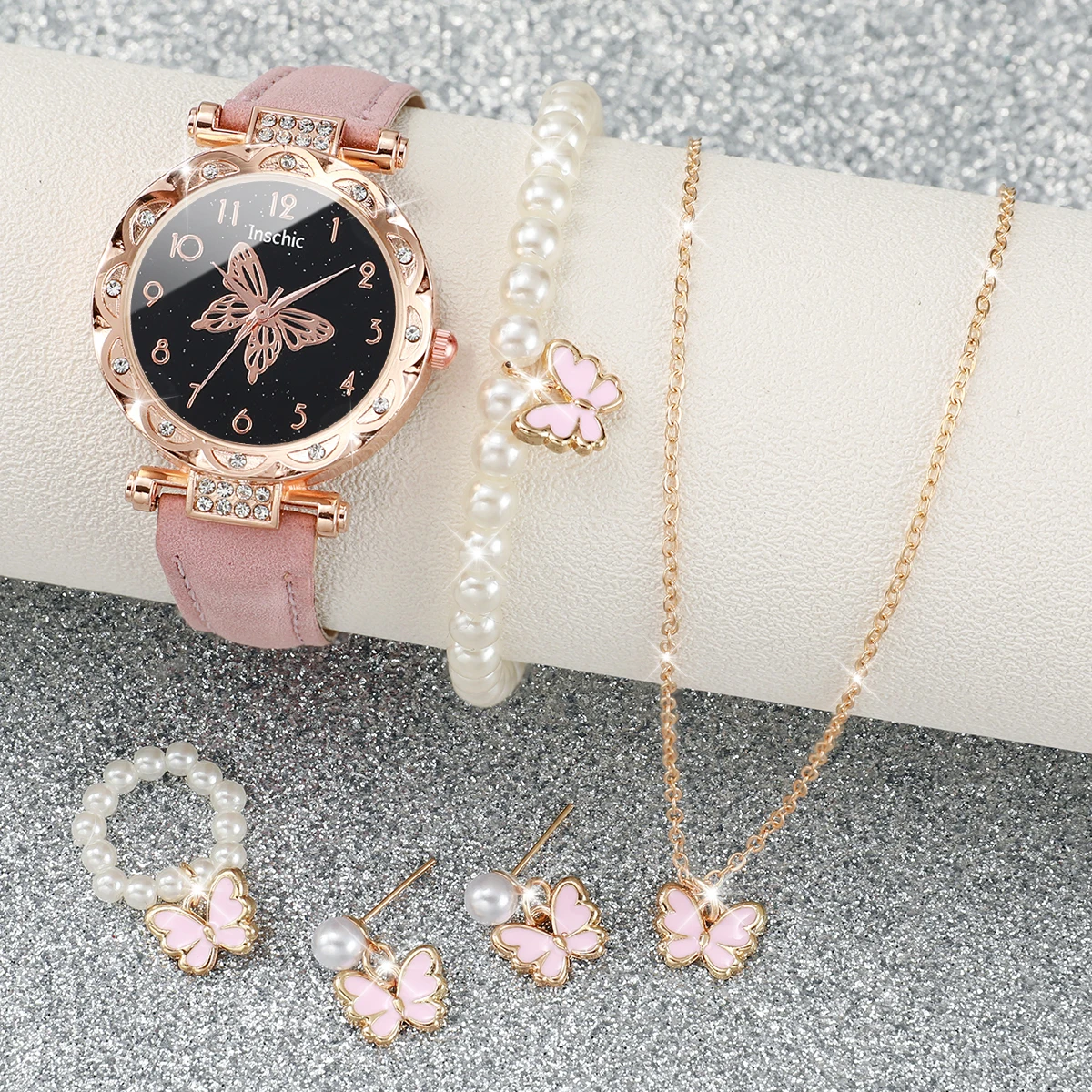 6PCS/Set Fashion Rhinestone Butterfly Women Watches Leather Band Analog Quartz Watch Pearl Jewelry Set(Without Box)