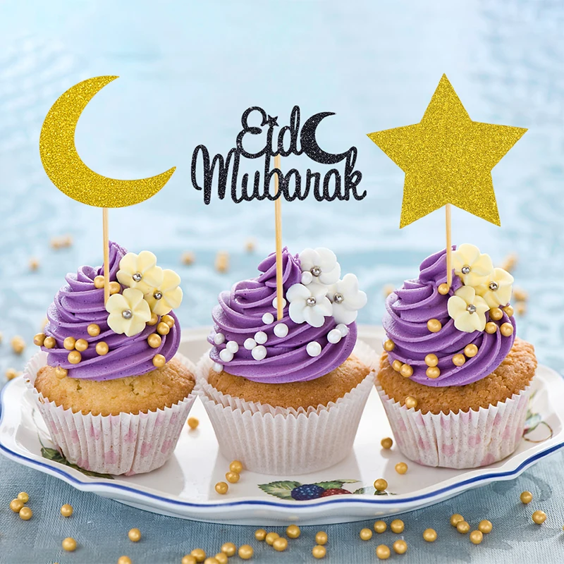 

12pcs Eid Mubarak Cake Topper Moon Star Islam Muslim Ramadan Kareem Festival Party Baking Dessert Cake Decor Eid Al Fitr 2023