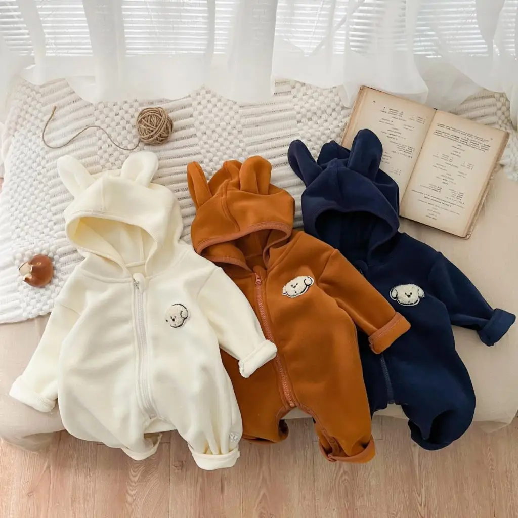 

2023 Korean Autumn Winter Baby Boys Jumpsuit Thickened Fleece Hooded Climbing Suit For Newborns Infant Boys Outwear Rompers