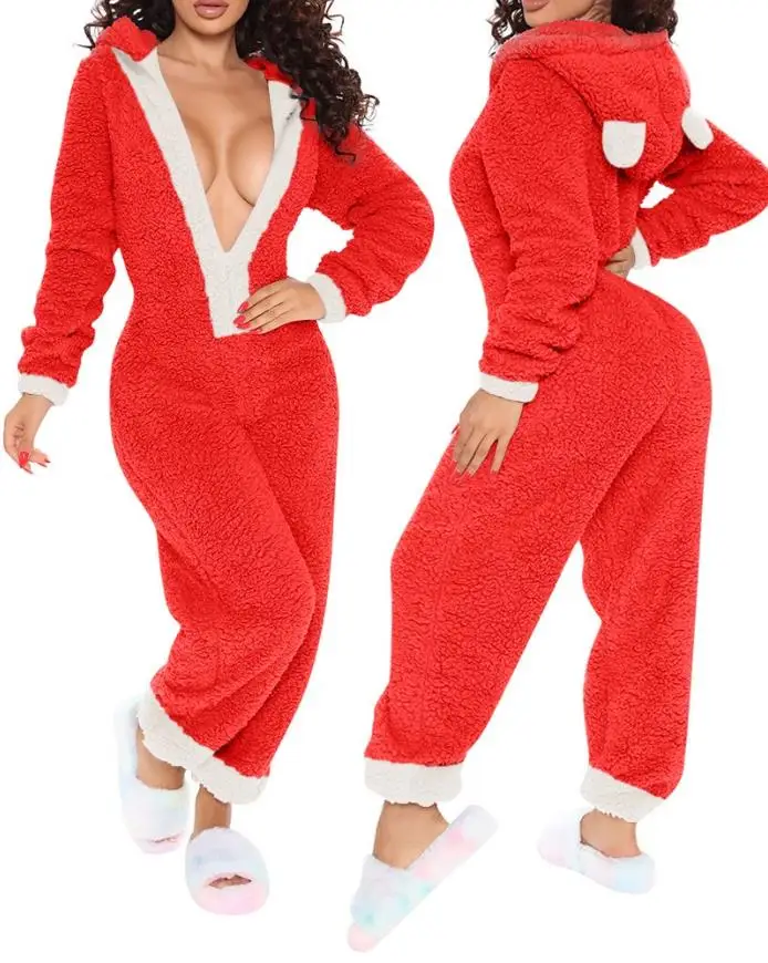 

Women's One-Piece Dress Solid Christmas Zipper Front Hood Deep V-Neck Fluffy Adult One-Piece Dress Pajamas