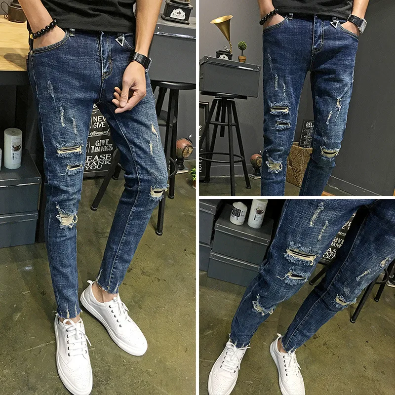 

Spring Summer 2022 Korean Fashion Men Ripped Hole Washed Cowboy Denim Jeans Frayed Edges Distressed Pencil Pants Trousers Men