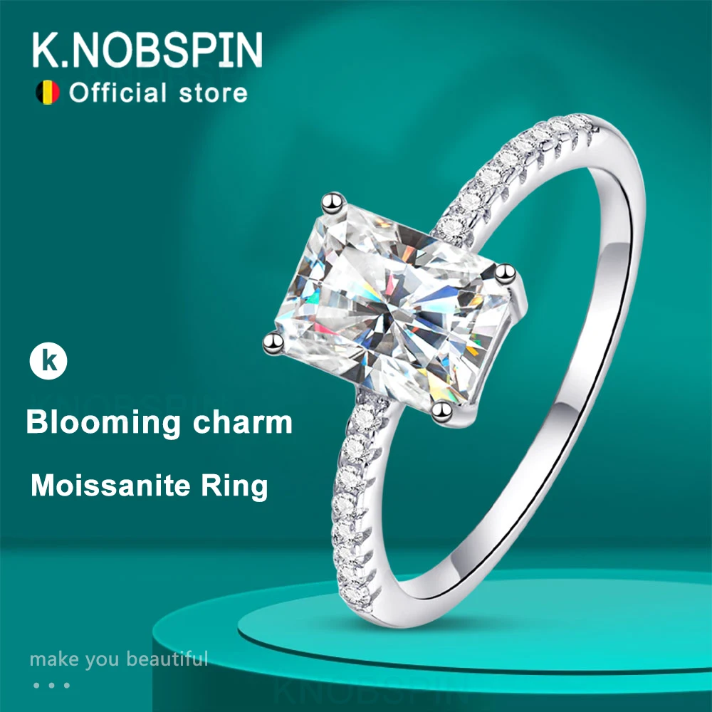 

KNOBSPIN D VVS1 Radiant Moissanite Rings for Women 4 Prong Classic Trendy Fine Engagement Wedding Band GRA Certified 925 Sliver