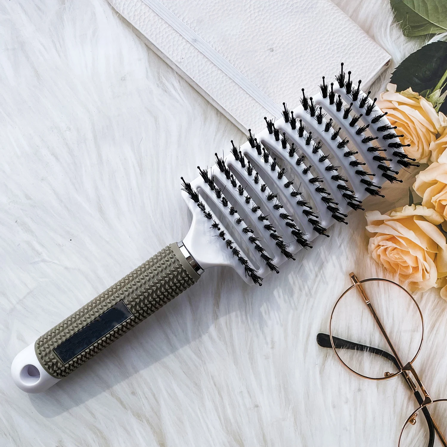 

Pearl White Vent Curved Detangling Comb Nylon Wild Boar Bristle Brush Woman Massage Long Curly Hair Brush Anti-static Hairdress