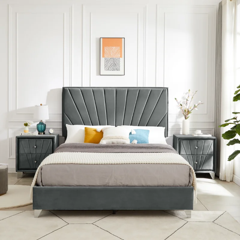 

Double Bed with A Bedside Table Beautiful Line Stripe Upholstered Headboard Solid Wooden Plank Metal Leg with Electroplating