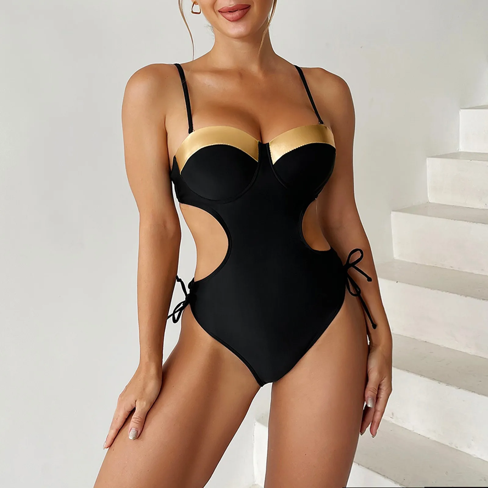 

Сексуальный женский купальный костюм с низким вырезом, горячее тиснение, Цельный купальник с открытой спиной, купальный костюм для похуден...