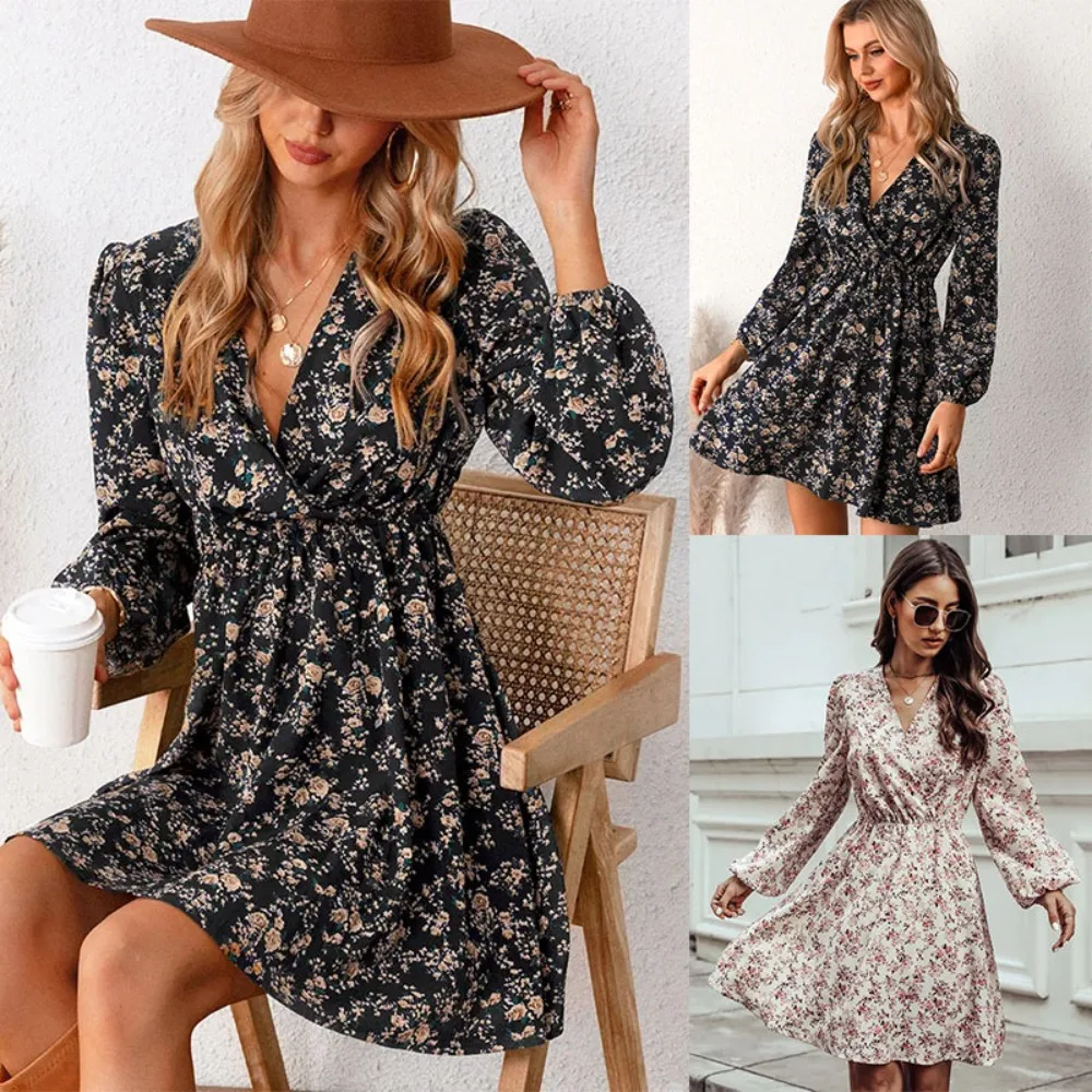 

Plunge Neck A-Line Mini Dress for Woman Ditsy Floral Sexy Long Sleeve Party Dress 2023 Spring Autumn Female Sundress Mini Dress