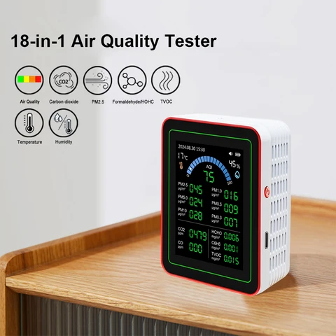 Датчики монитора качества воздуха 18 в 1, обнаруживают CO2 PM2.5/PM10 HCHO TVOC, профессиональный детектор качества воздуха для дома, отеля, офиса, автомобиля