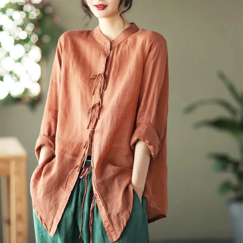

Spring Summer Pure Cotton Solid Color Vintage All-match Blouses 2023 New Design Casual Simple Dignified Cardigan for Women Chic
