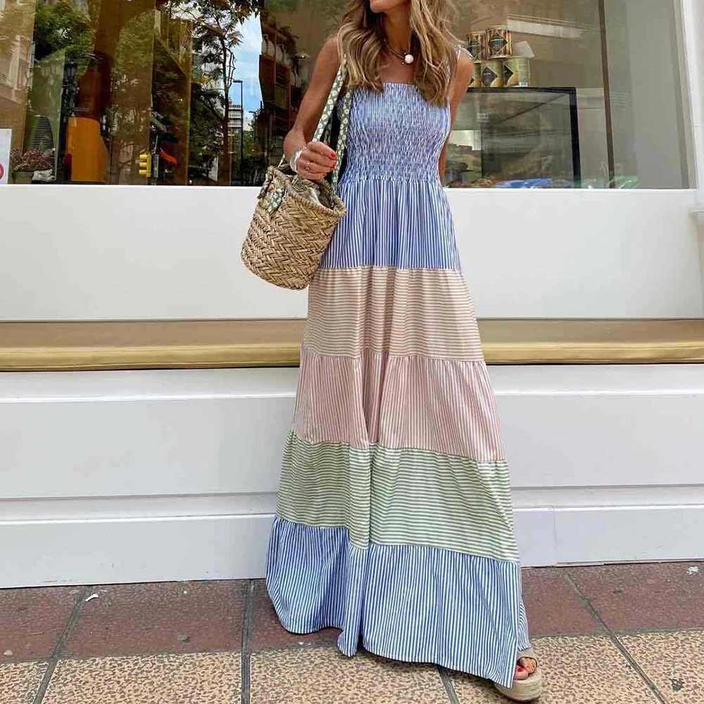 

Striped Long Maxi Dresses for Women 2021 Summer Sundresses Casual Sleeveless Lace-up Wide Strap Slip Dress Party Beach Wear