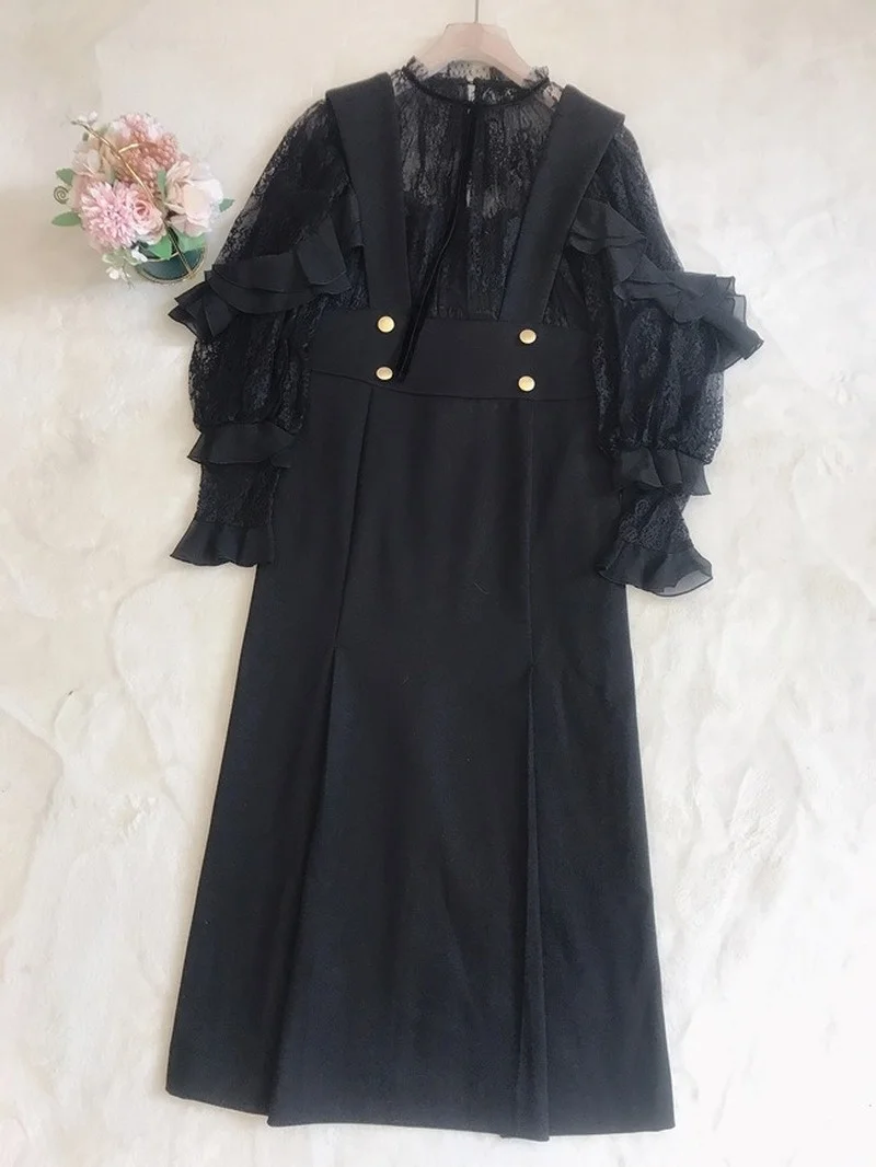 

CINESSD 2022 New High Waist Strap Dress Sexy Lace Lantern Long Sleeve Patchwork Women Dresses Spring Autumn Slim Fit Vestidos