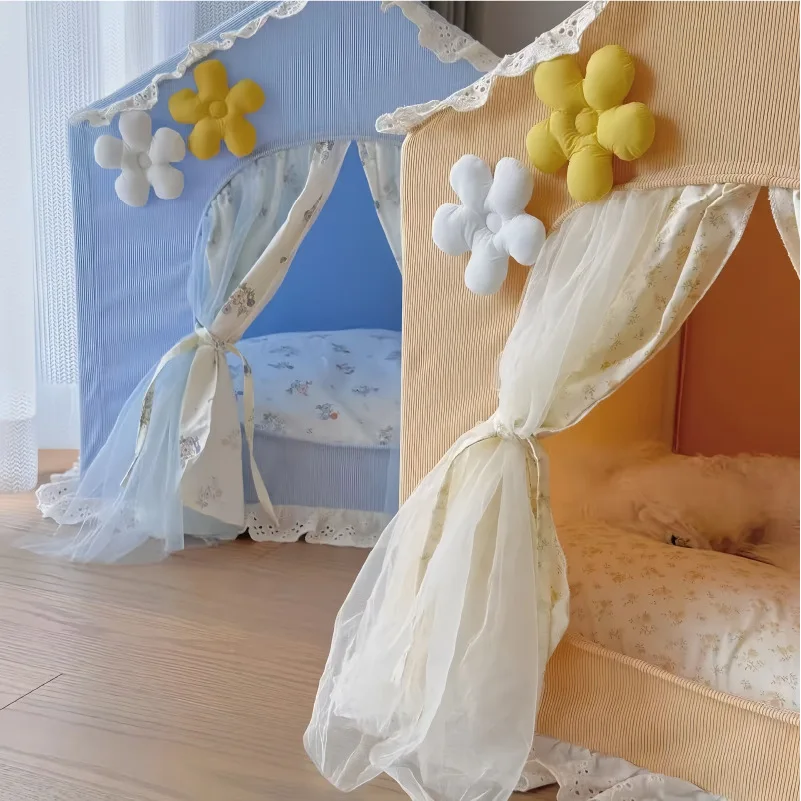 Фото Милый домик-палатка для кошек и собак с кружевной отделкой, просторный, уютный, для игр и отдыха, для дома и путешествий №2
