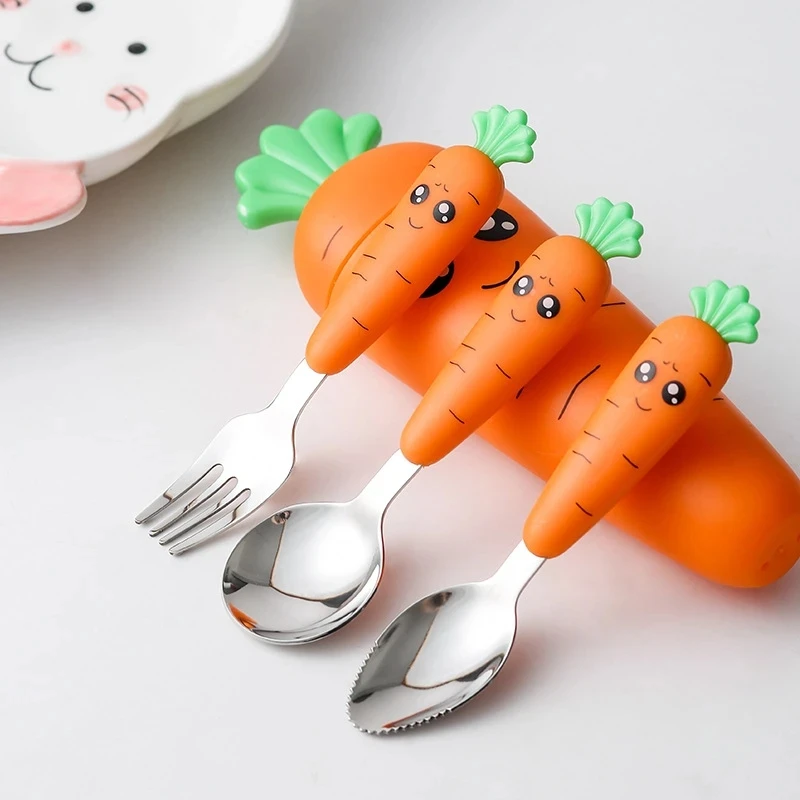 

3PCS Carrots Set Children Kids Dinnerware Stainless Steel Spoon Fork Flatware With Box Baby Feeding Kitchen Tableware Supplies
